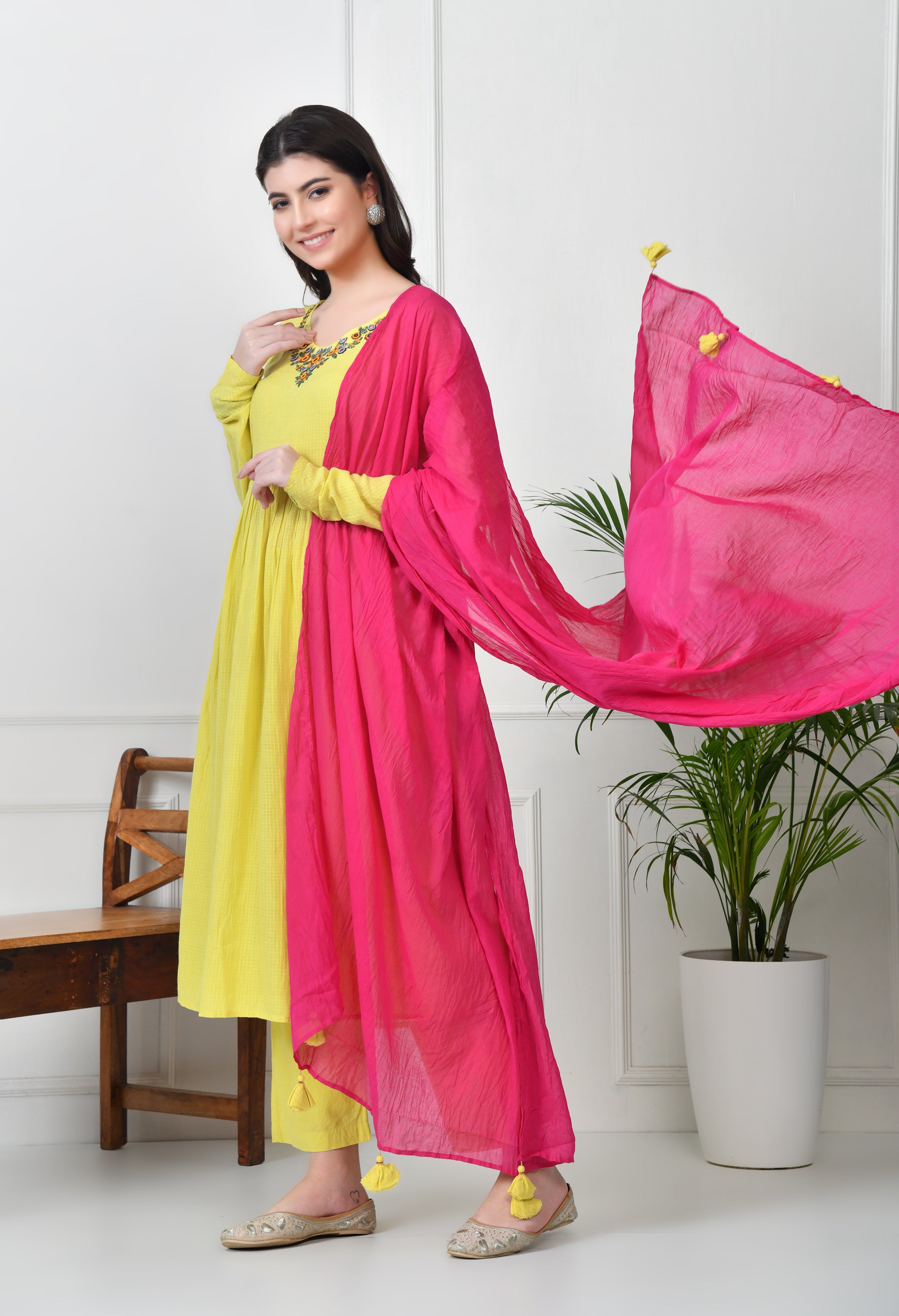 LIME YELLOW KOTTA DORIYA KURTA SET
